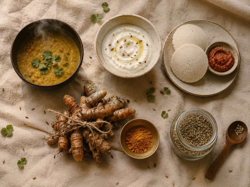 Overhead editorial flat-lay photograph of five South Asian gut-friendly foods arranged on a warm linen tablecloth, shot from directly above.