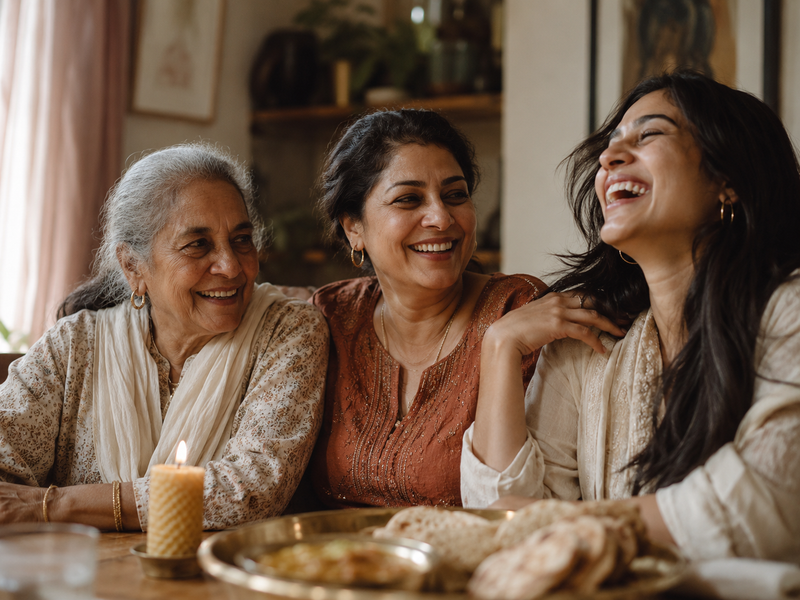 Three generations of South Asian women sharing a meal at a warmly lit dining table