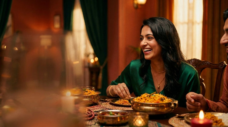 A south asian woman at a dining table hand in a plate of biriyani, wearing a green silk shirt laughing at a dinner party